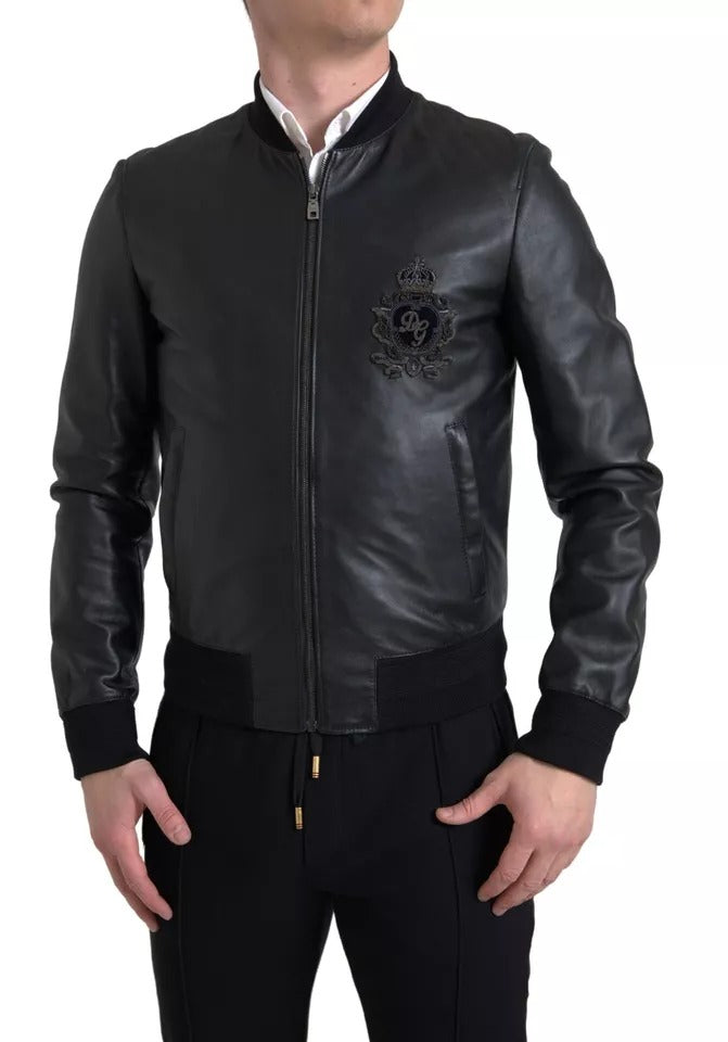 Black Leather Logo Embroidery Full Zip Jacket