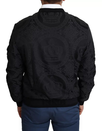 Black Nylon Crown Print Bomber Full Zip Jacket