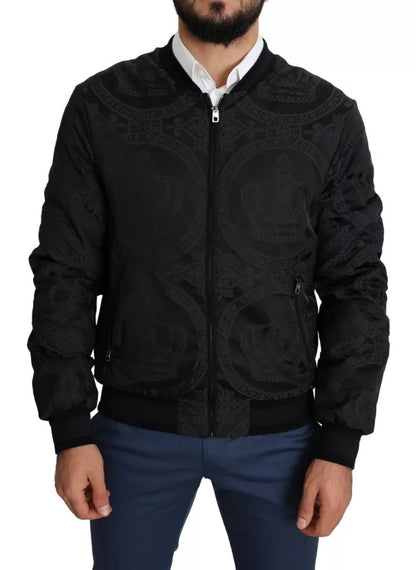 Black Nylon Crown Print Bomber Full Zip Jacket