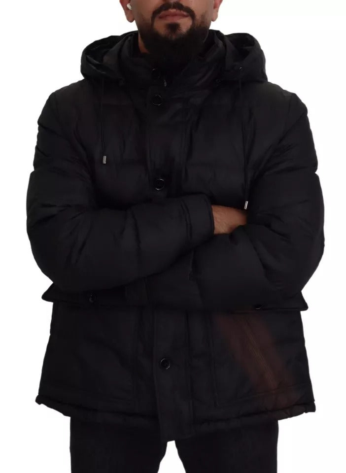 Black Polyester Hooded Parka Coat Winter Jacket