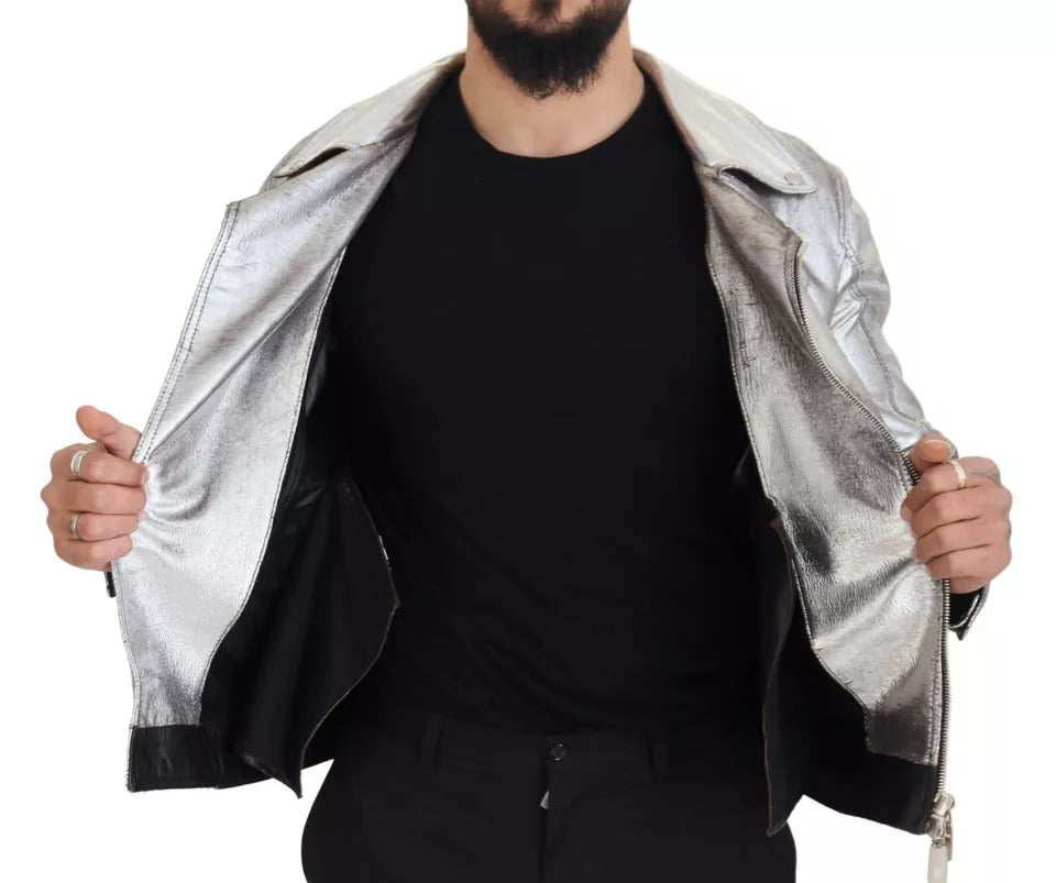 Silver Leather Biker Coat Lambskin Jacket