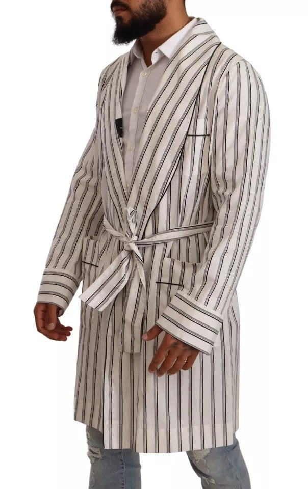 White Striped Cotton Robe Coat Wrap Jacket