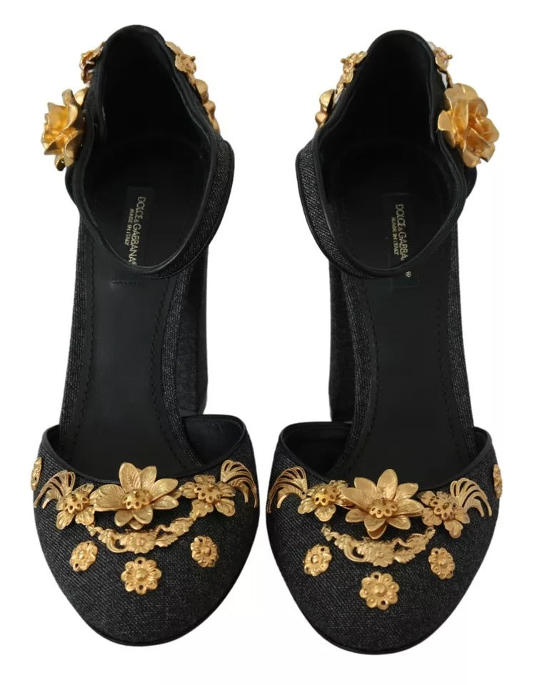 Black Floral Angel Applique Ankle Strap Pumps Shoes