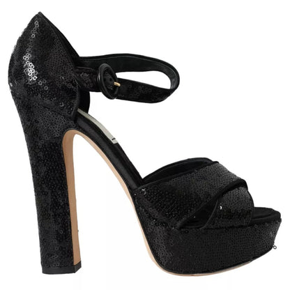 Black Sequin Ankle Strap Heels Sandals Shoes