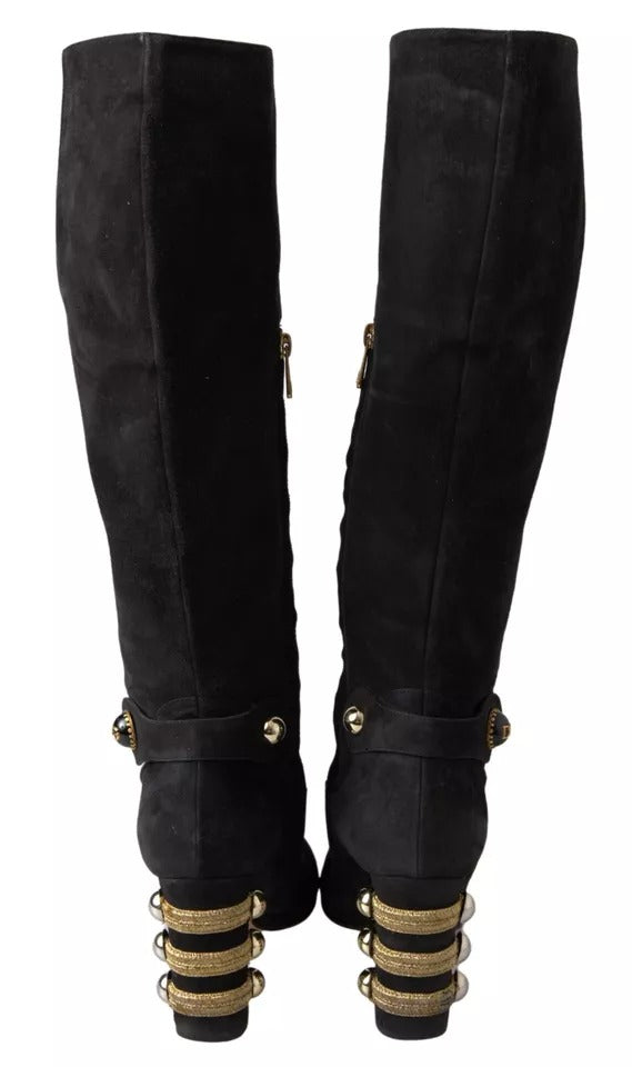 Black Suede Embellished High Boots Shoes