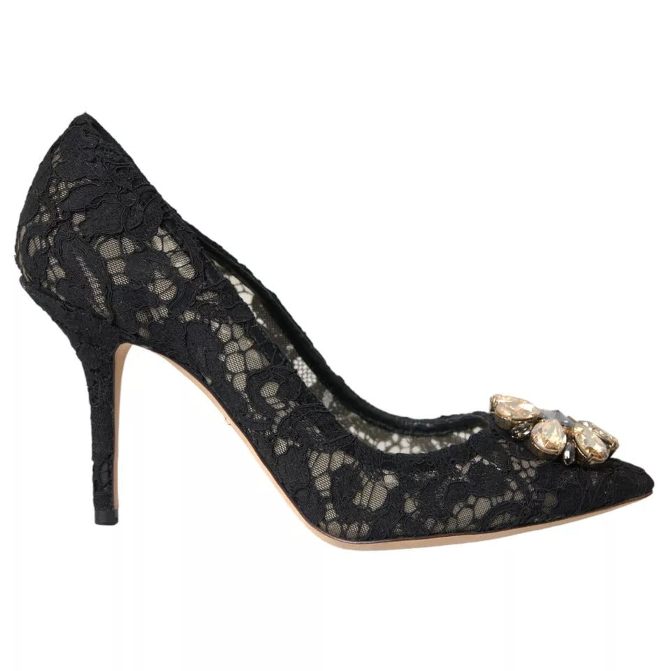 Black Taormina Lace Crystal Heel Pumps Shoes