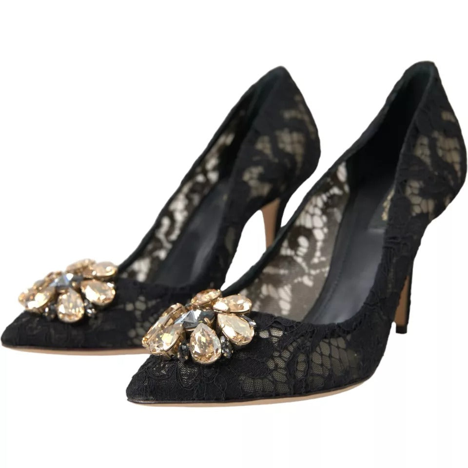 Black Taormina Lace Crystal Heel Pumps Shoes