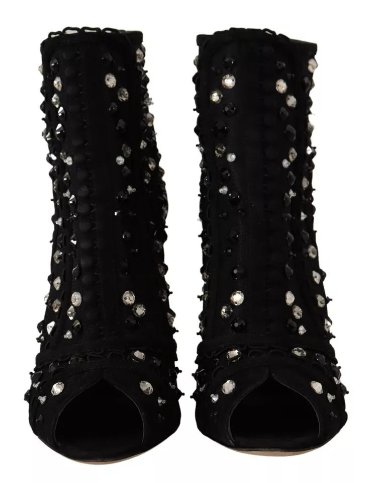 Black Tulle Suede Crystals Heels Boots Shoes