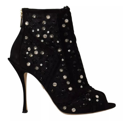 Black Tulle Suede Crystals Heels Boots Shoes