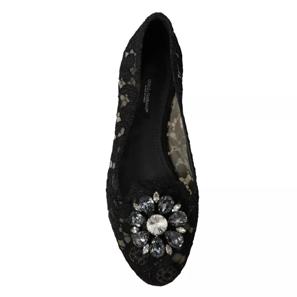 Black Taormina Lace Crystals Flats Shoes