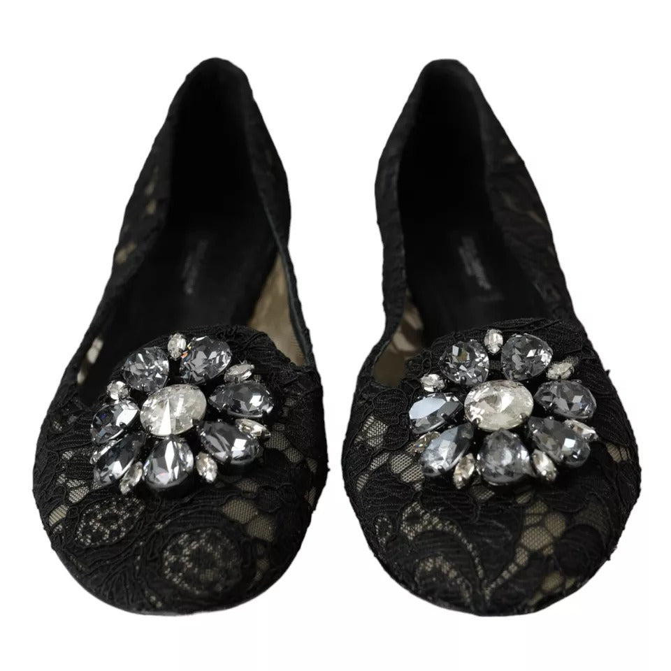 Black Taormina Lace Crystals Flats Shoes