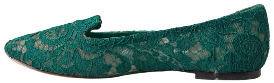 Green Floral Lace Loafers Flats Shoes