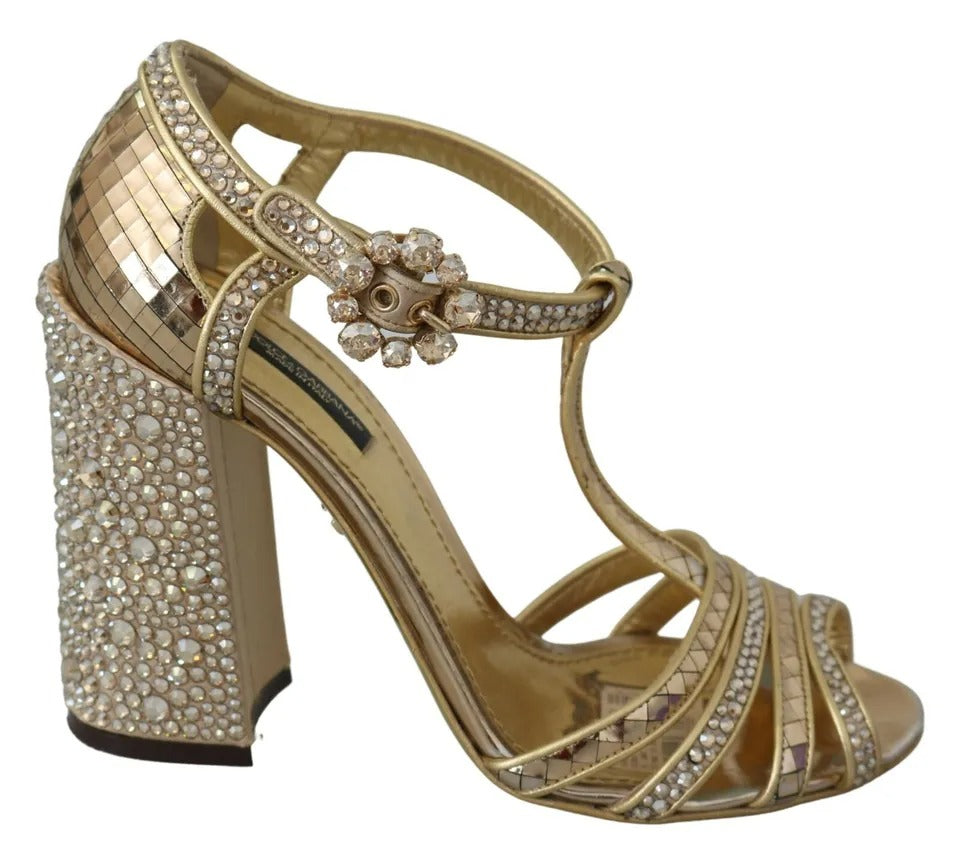 Gold Crystals T-strap Sandals Leather Shoes