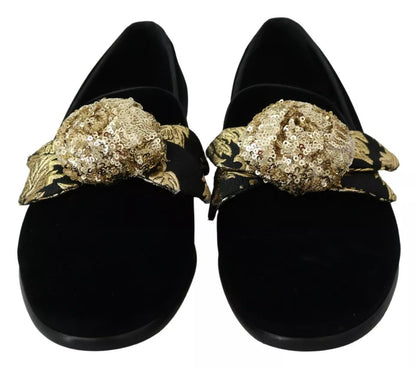 Black Velvet Gold Sequin Embellished Loafers Shoes