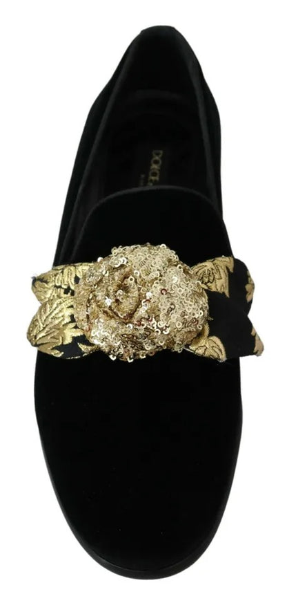 Black Velvet Gold Sequin Embellished Loafers Shoes