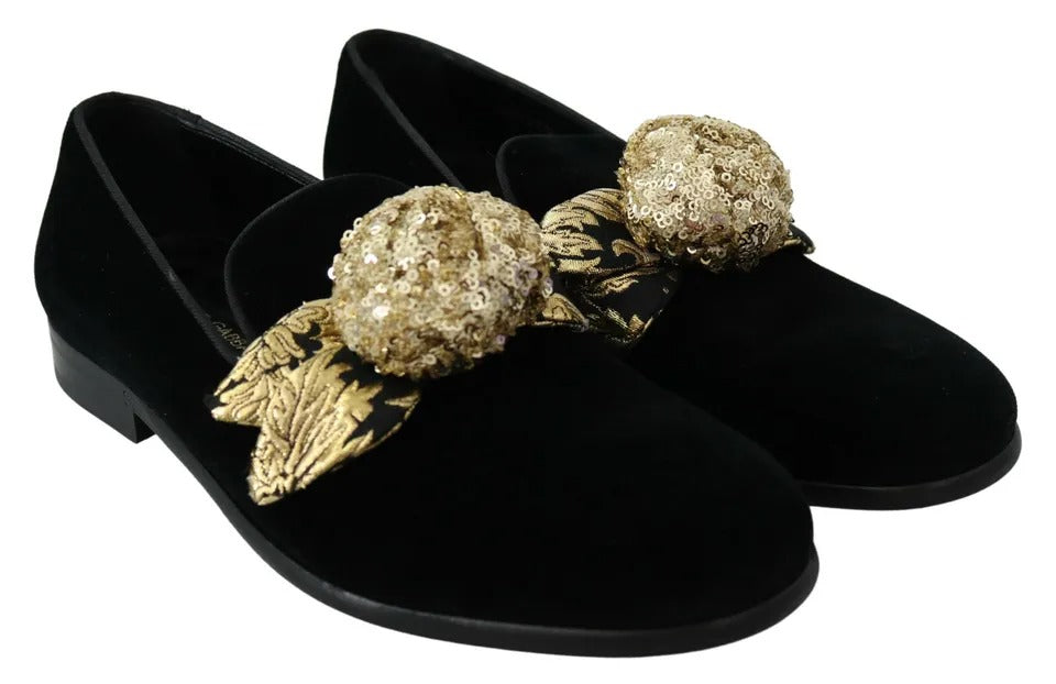 Black Velvet Gold Sequin Embellished Loafers Shoes