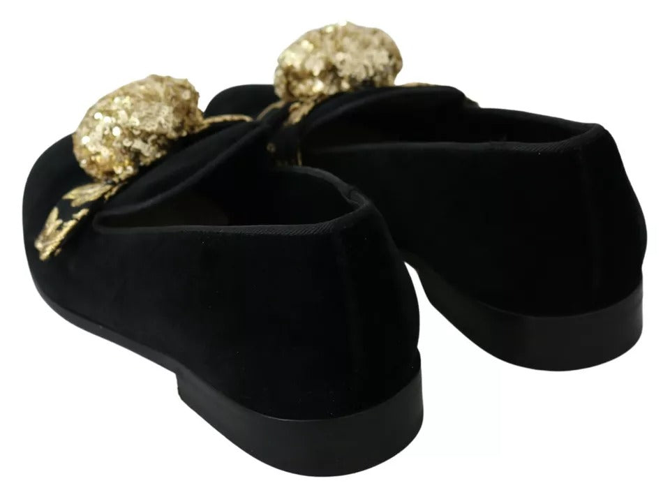 Black Velvet Gold Sequin Embellished Loafers Shoes