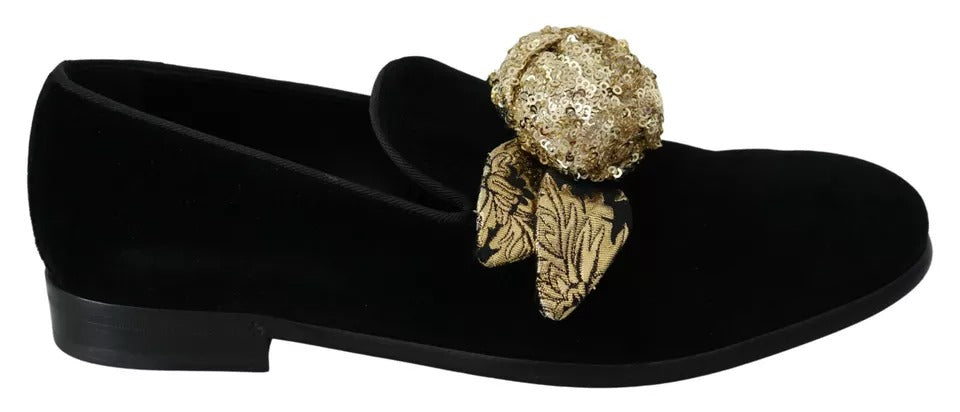 Black Velvet Gold Sequin Embellished Loafers Shoes