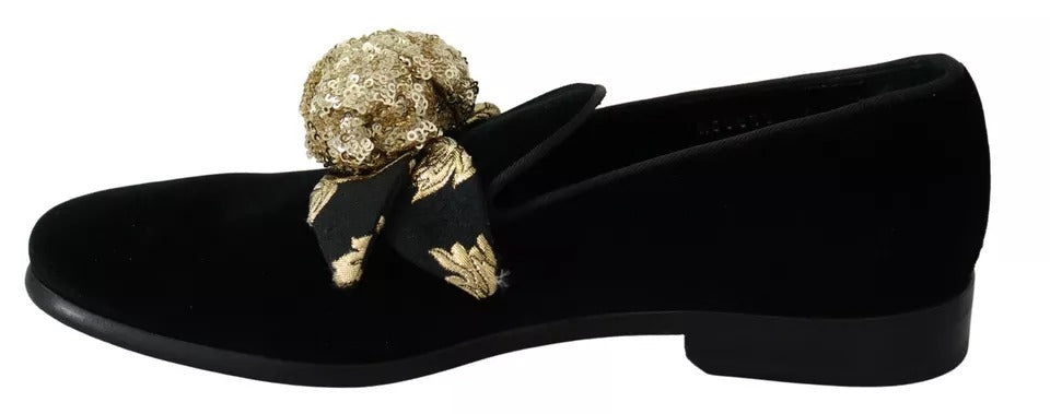 Black Velvet Gold Sequin Embellished Loafers Shoes