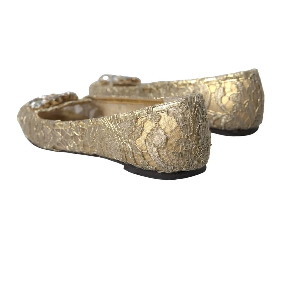 Gold Lace Crystal Ballet Loafers Shoes