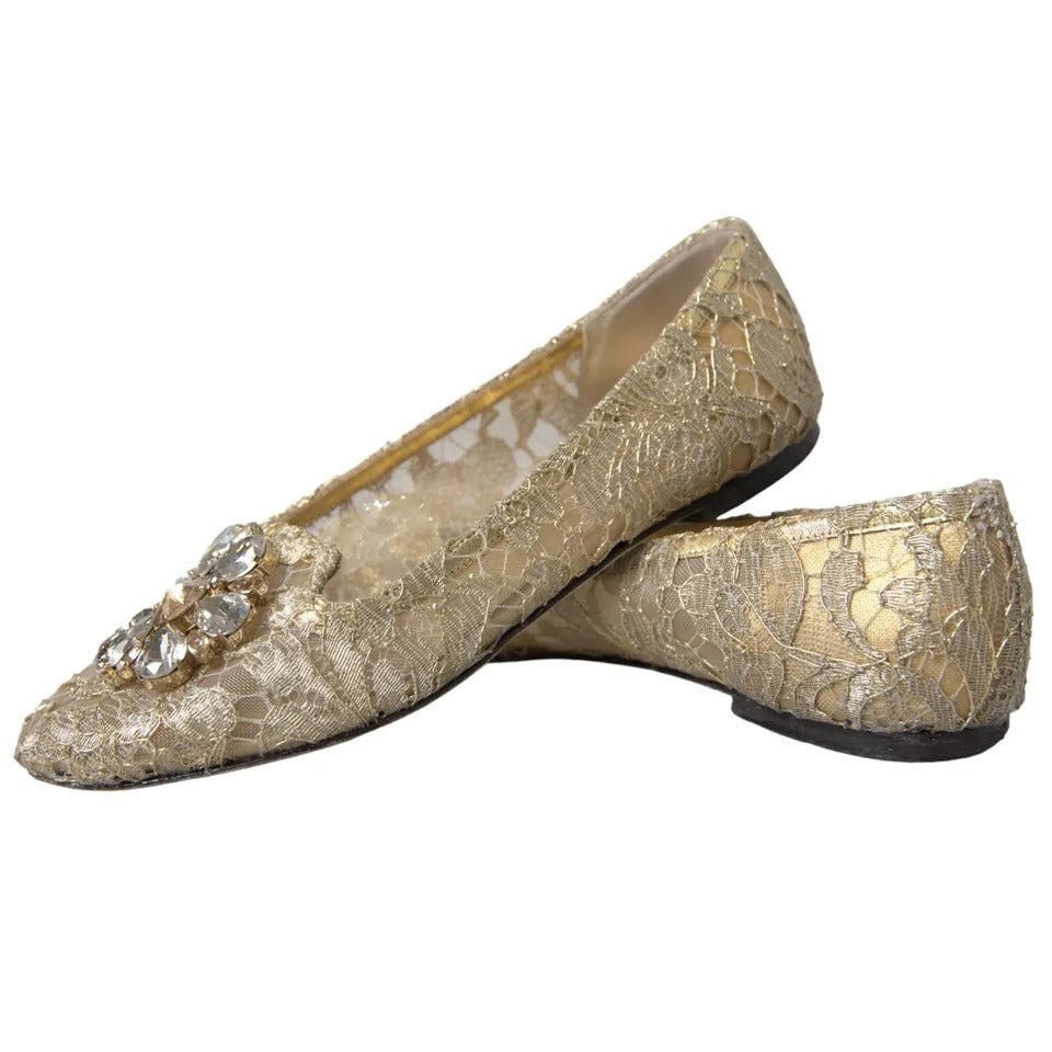 Gold Lace Crystal Ballet Loafers Shoes