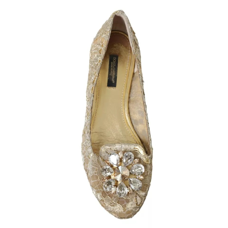 Gold Lace Crystal Ballet Loafers Shoes