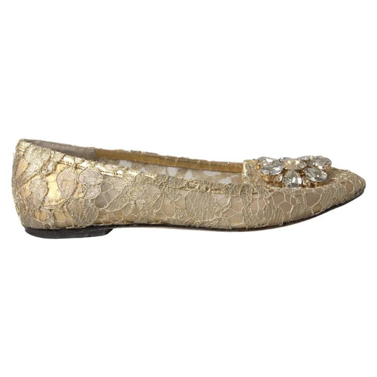 Gold Lace Crystal Ballet Loafers Shoes