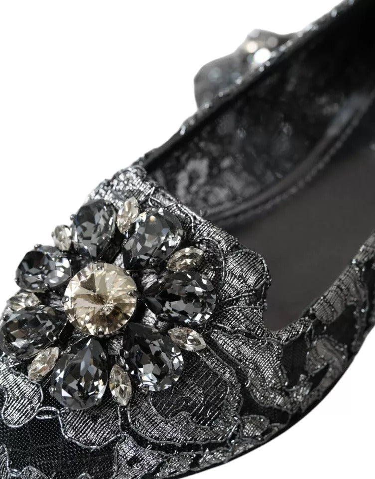 Gray Black Lace Crystal Ballet Loafers Shoes