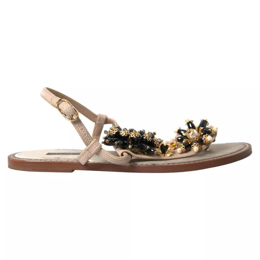 Beige Satin Gold Beaded Flats Slides Sandals Shoes