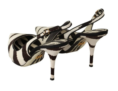 Black White Zebra Leather Heels Slingback Shoes