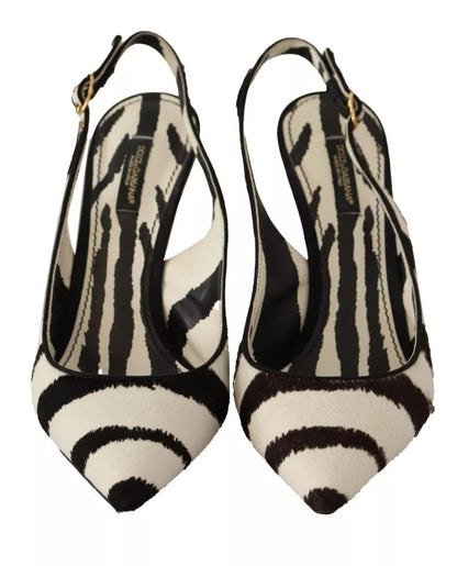 Black White Zebra Leather Heels Slingback Shoes