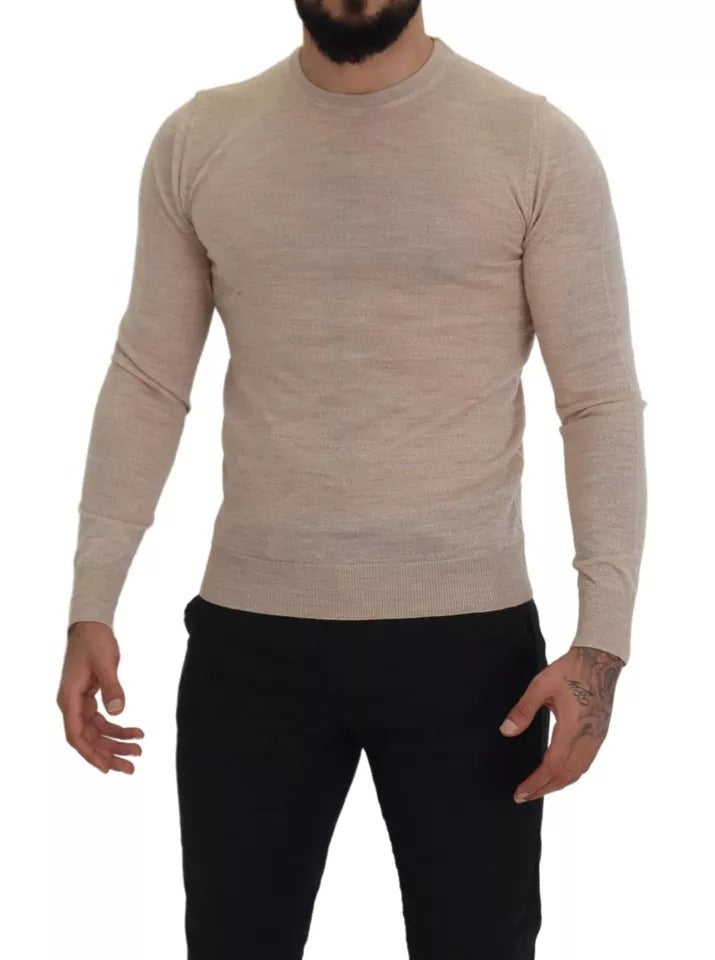 Beige Virgin Wool Crew Neck Pullover Sweater