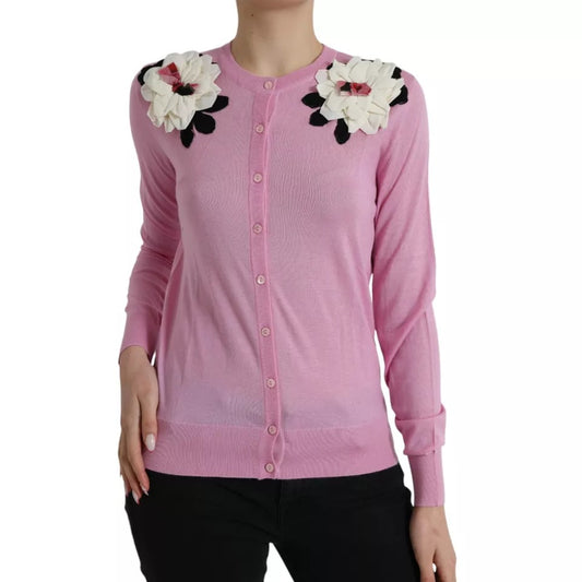 Pink Floral Crew Neck Button Cardigan Sweater