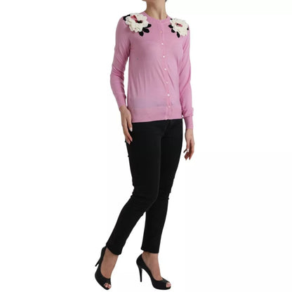 Pink Floral Crew Neck Button Cardigan Sweater