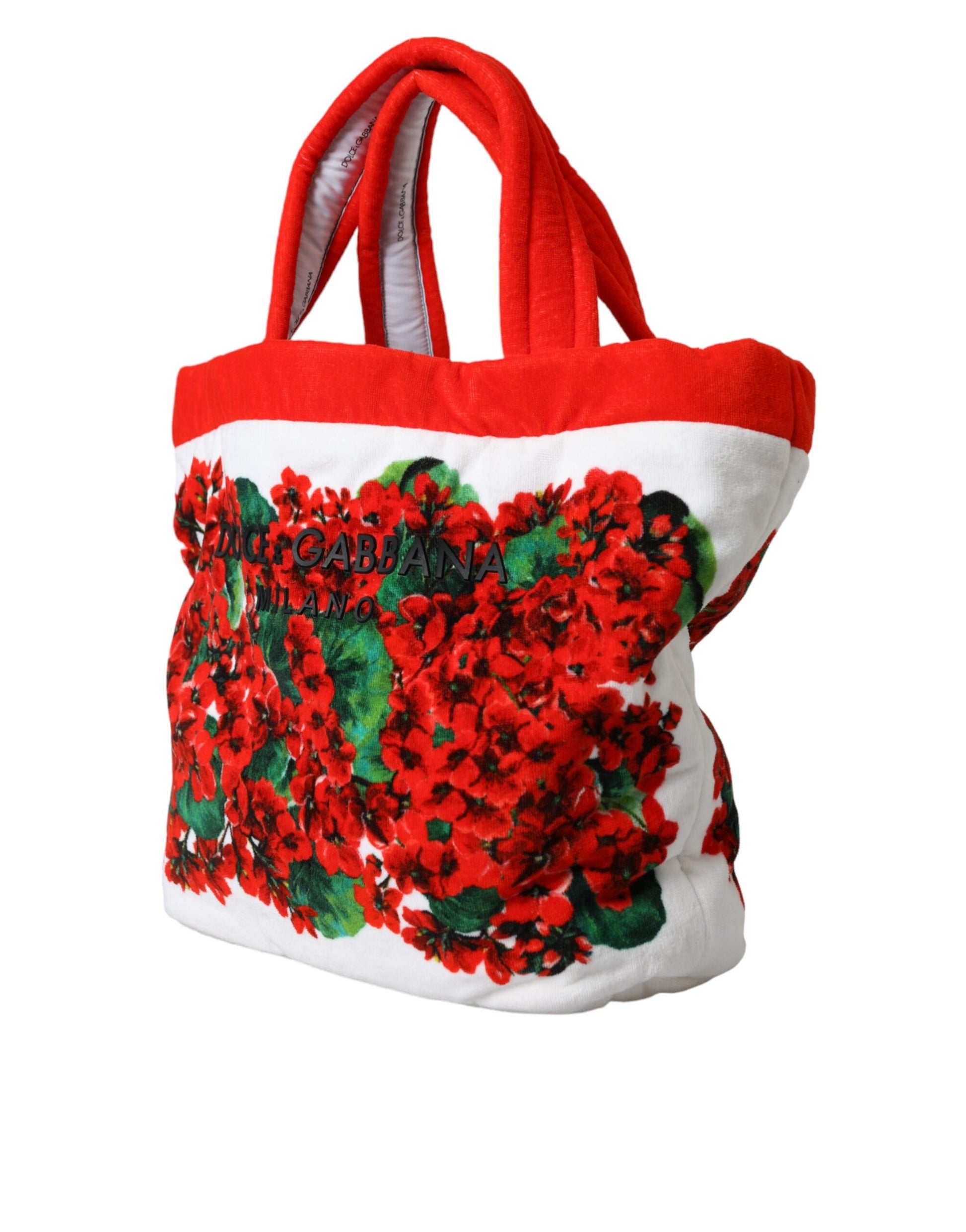 White Red Floral Canvas Logo Shopping Tote Bag