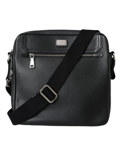 Black Leather DG Logo Plaque Messenger Cross Body Bag