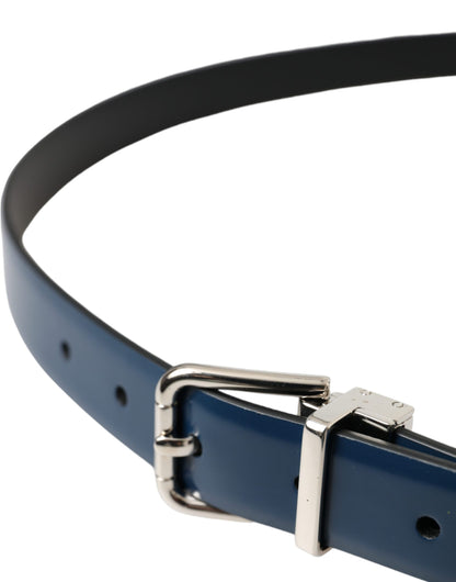 Blue Calf Leather Silver Metal Buckle Belt Men