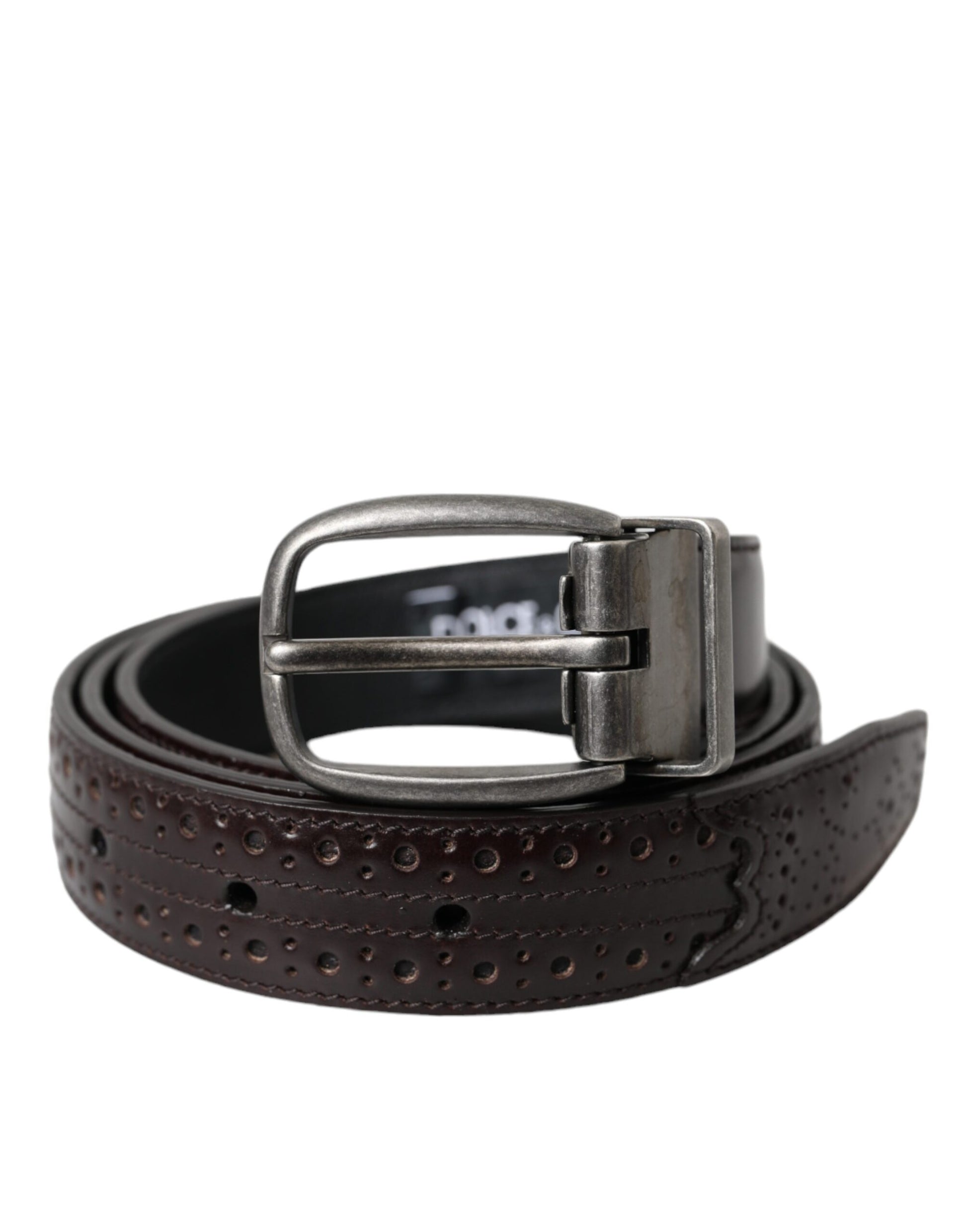 Dark Brown Perforated Leather Metal Buckle Belt Men