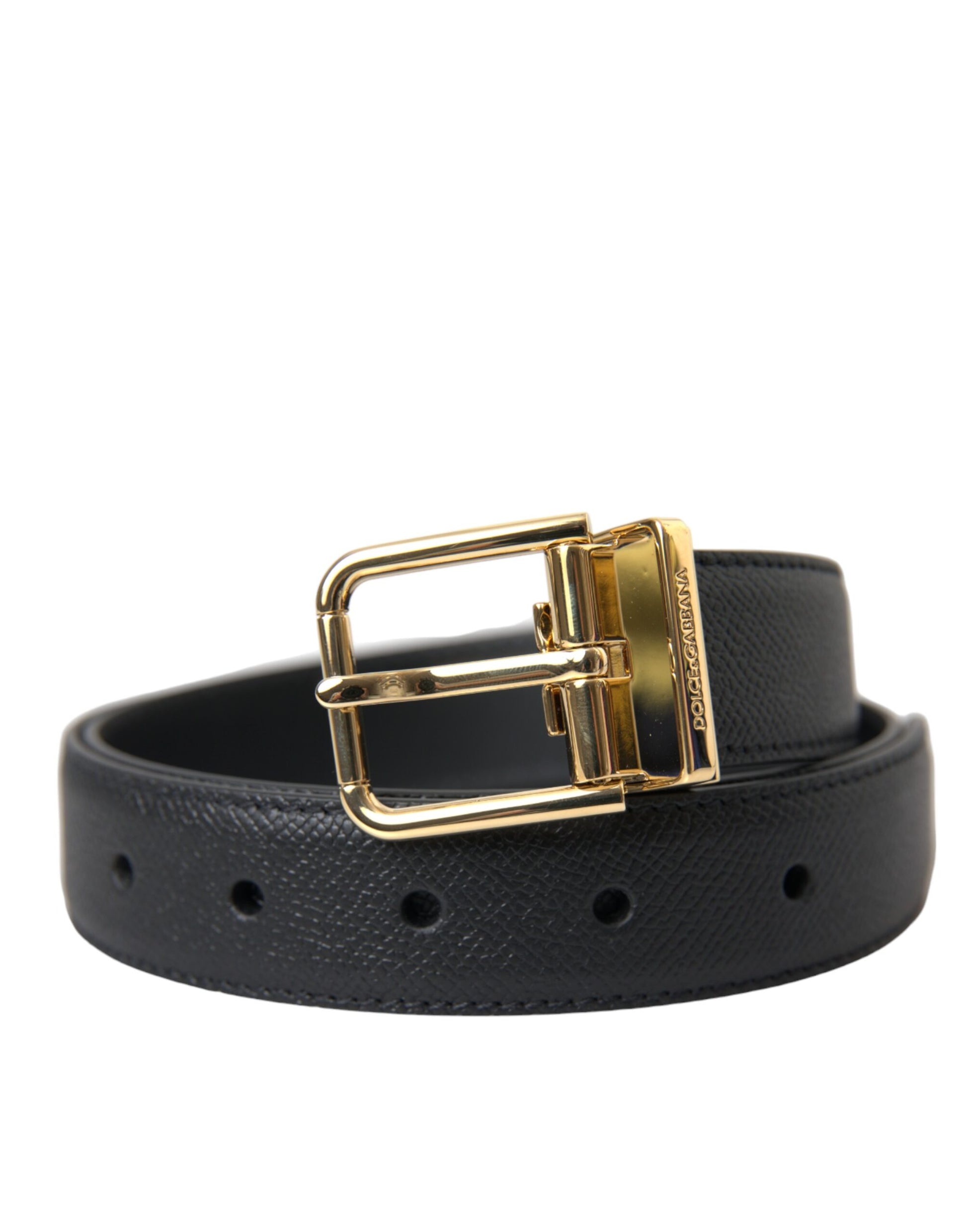 Black Calf Leather Gold Metal Buckle Belt