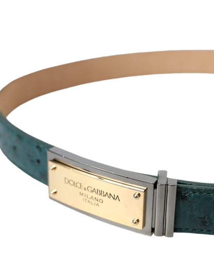 Green Leather Gold Logo Engraved Buckle Belt