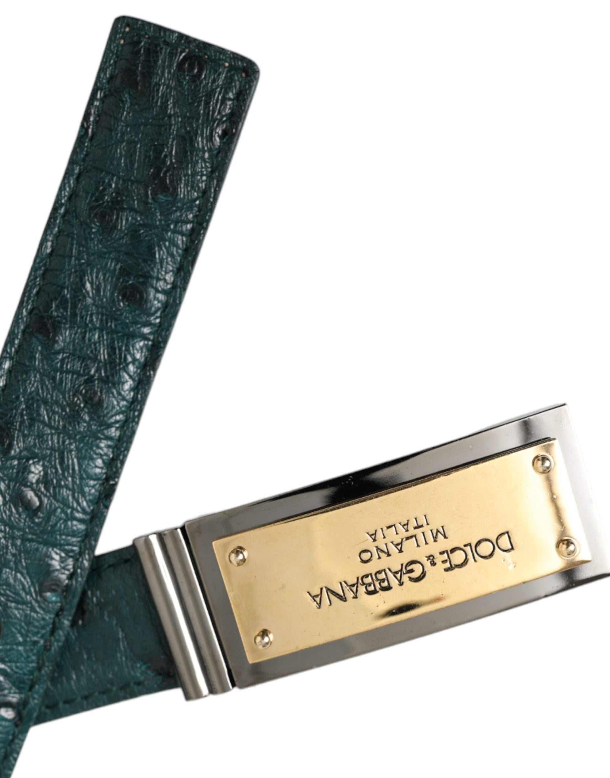 Green Leather Gold Logo Engraved Buckle Belt