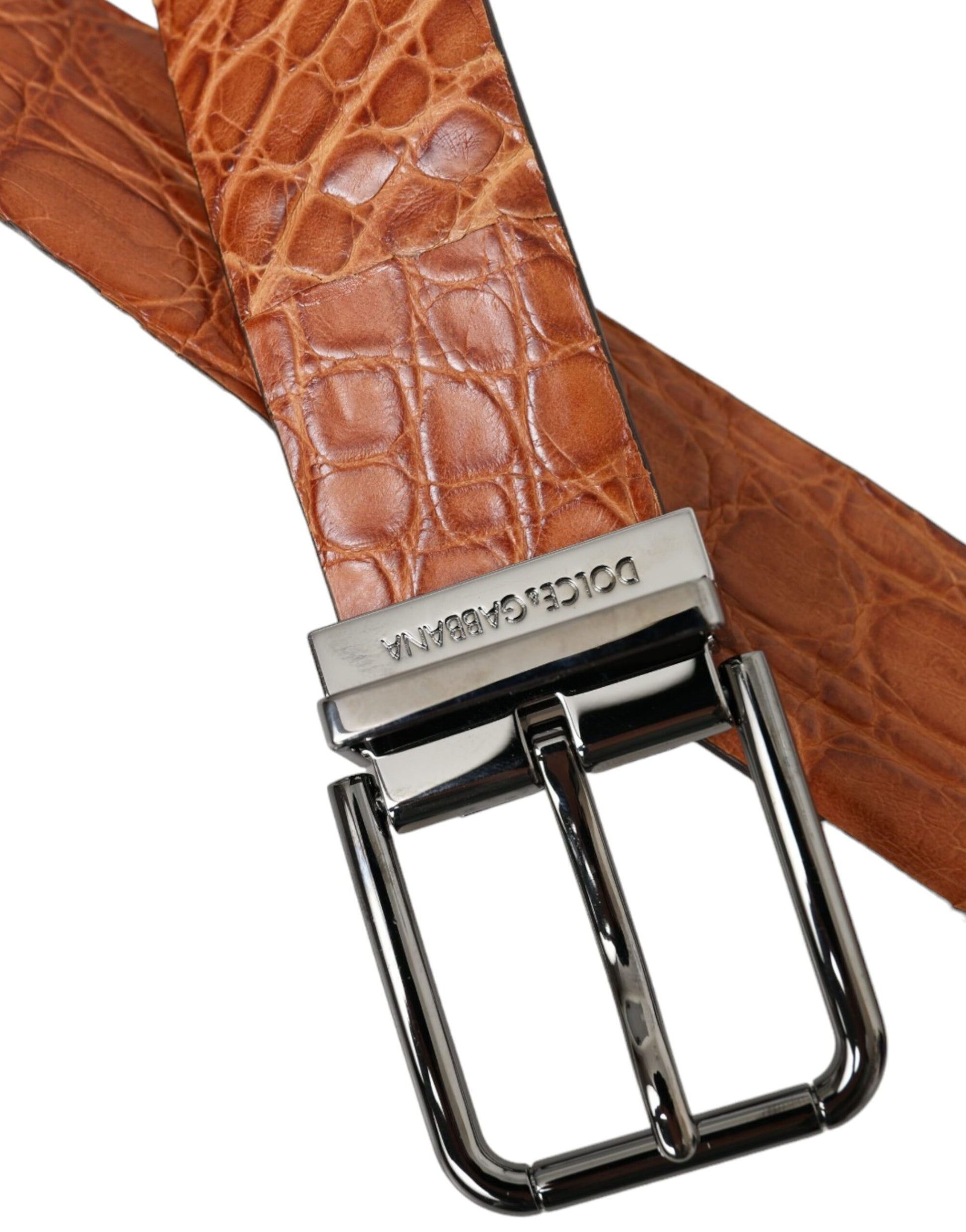 Brown Exotic Leather Silver Metal Buckle Belt