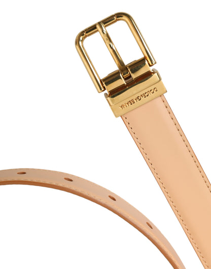 Beige Calfskin Leather Gold Metal Buckle Belt