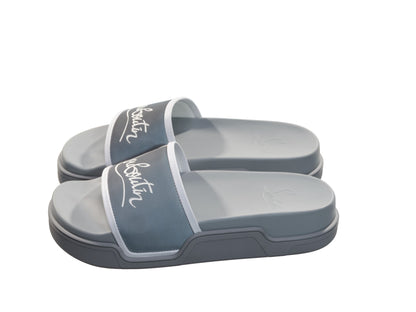 Navy Pool Flat Silver Rubber Slides