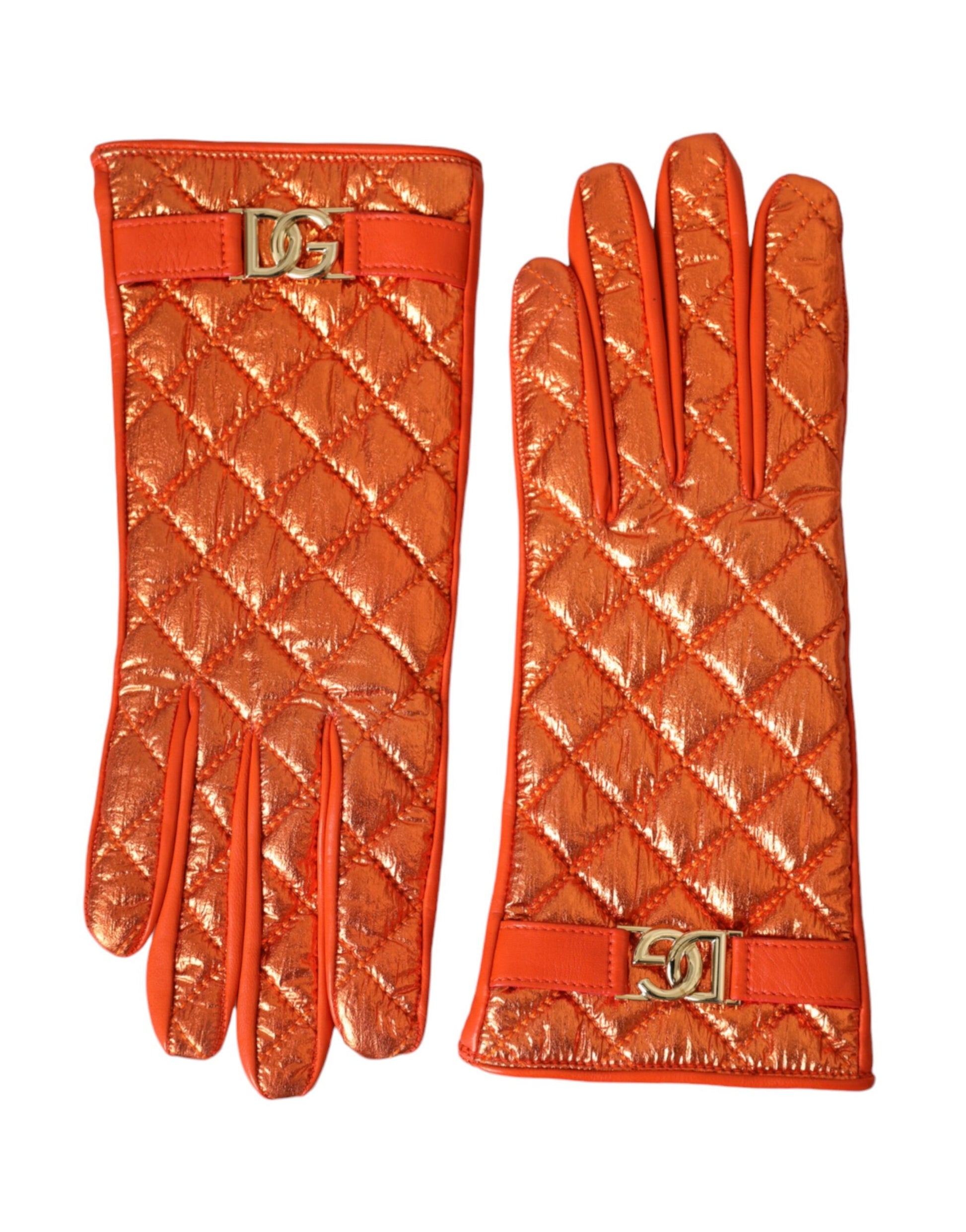 Orange Leather Quilted Wrist Length Gloves