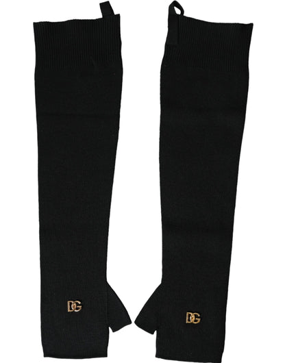 Black Wool Knitted Logo Finger Less Gloves