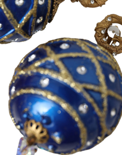 Gold Brass Blue Dangle Christmas Ball Crystal Clip On Earrings