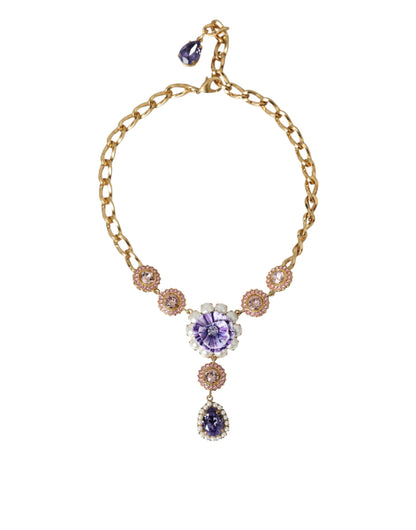 Gold Brass Crystal Purple Pink Pearl Pendants Necklace