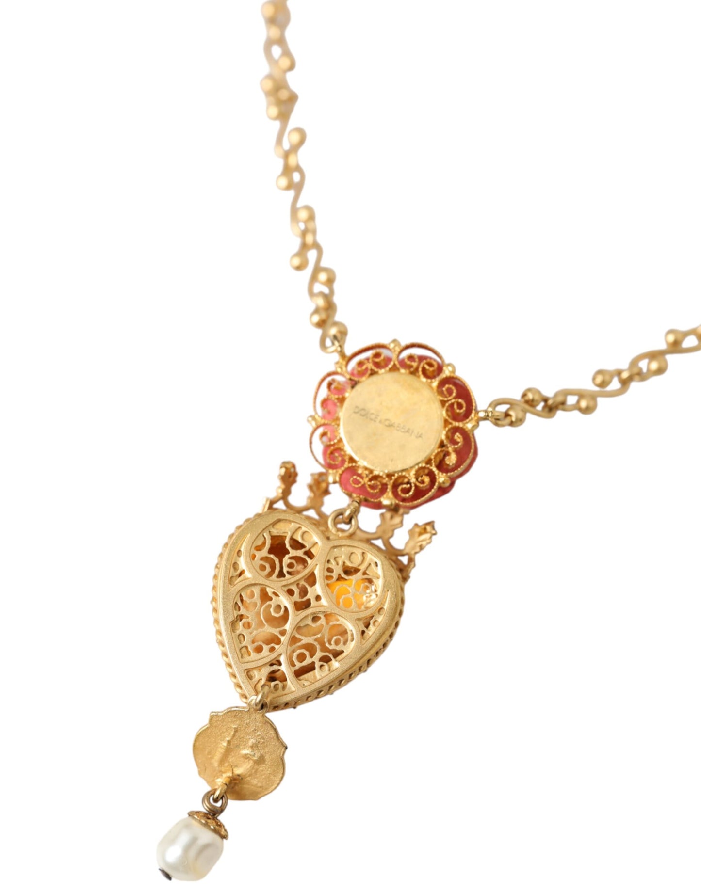 Gold BrassChain Sacred Heart Rose Crystal Charm Necklace