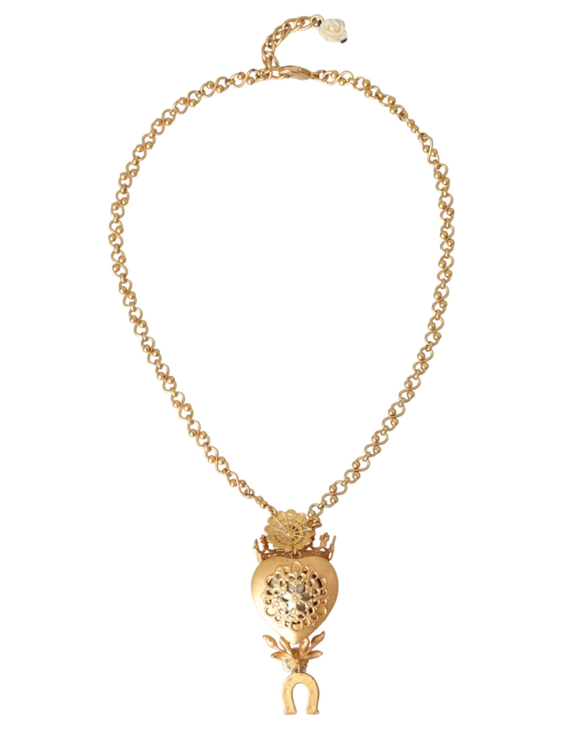 Gold Brass Chain Sacred Heart Crystal Charm Necklace